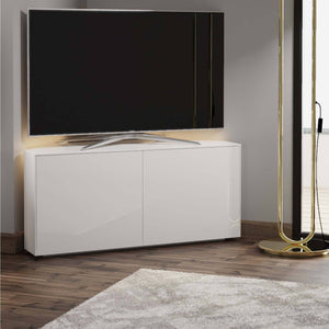 Frank Olsen High Gloss White 1100mm Corner TV Cabinet with LED Lighting and Wireless Phone Charging
