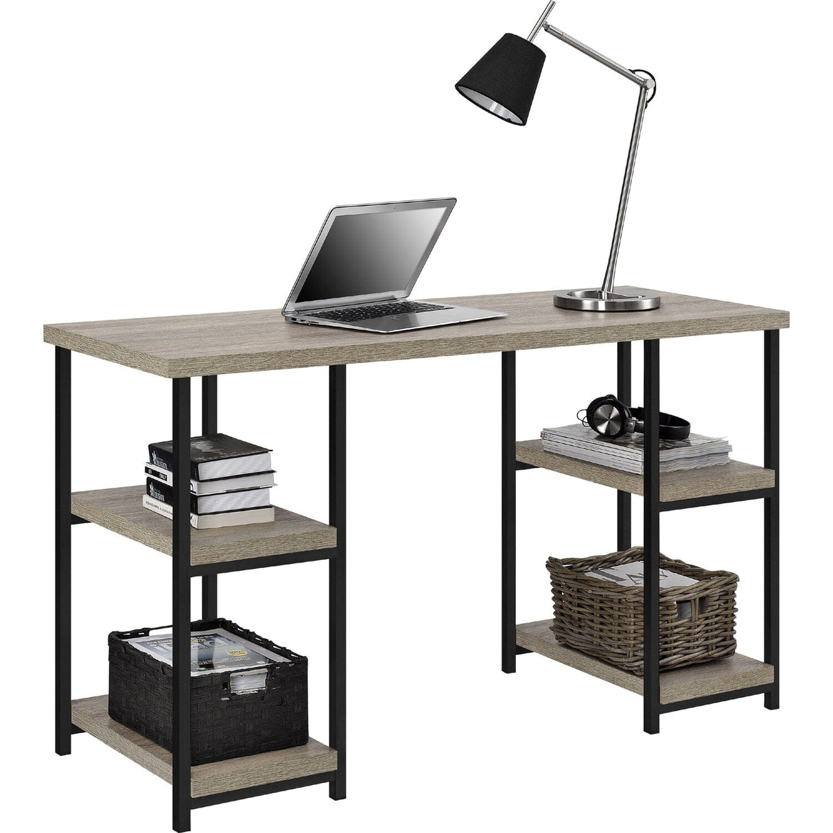Dorel Home Elmwood Range Double Pedestal Desk in Distressed Grey Oak