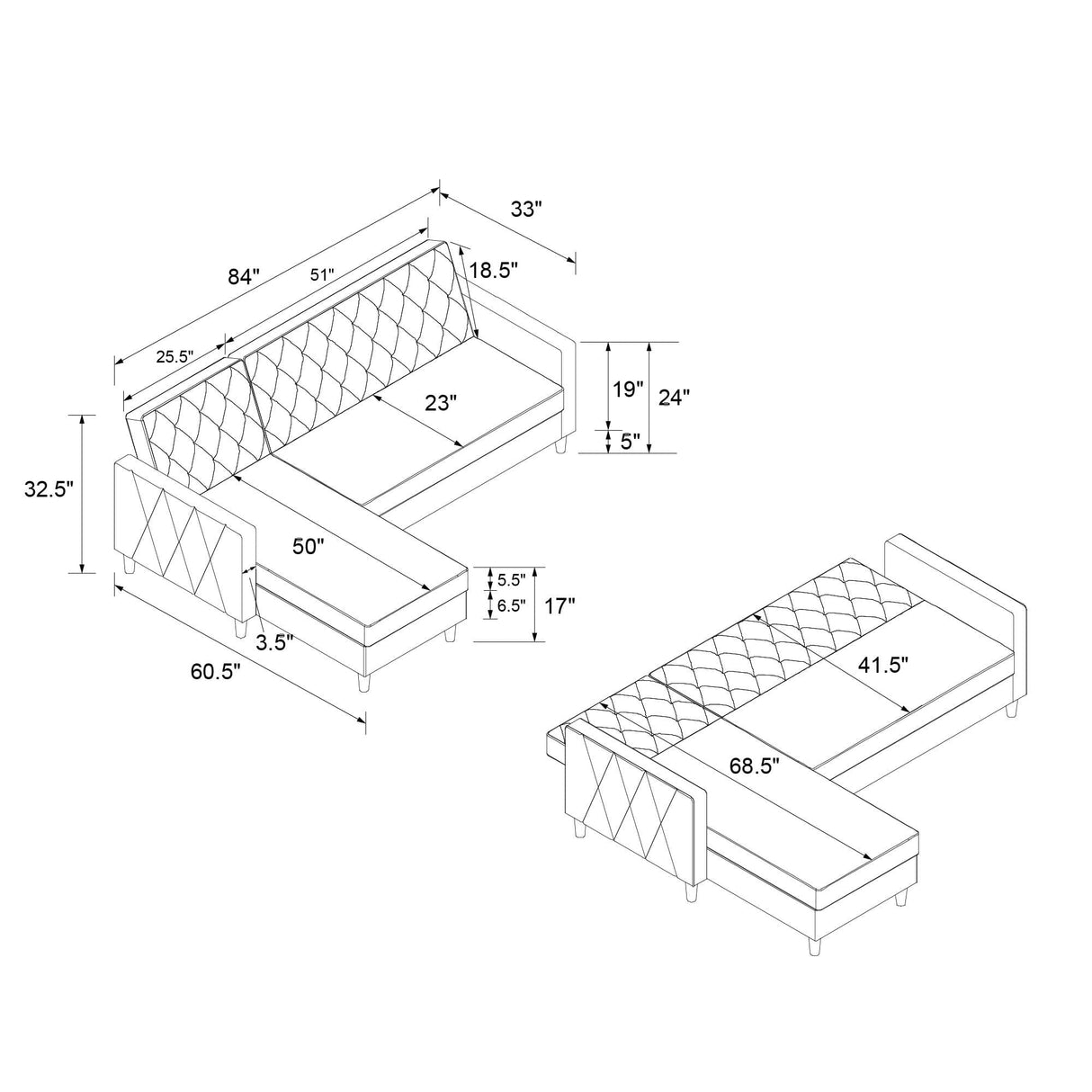 CosmoLiving Liberty Sectional Sofa Bed with Storage Light Grey