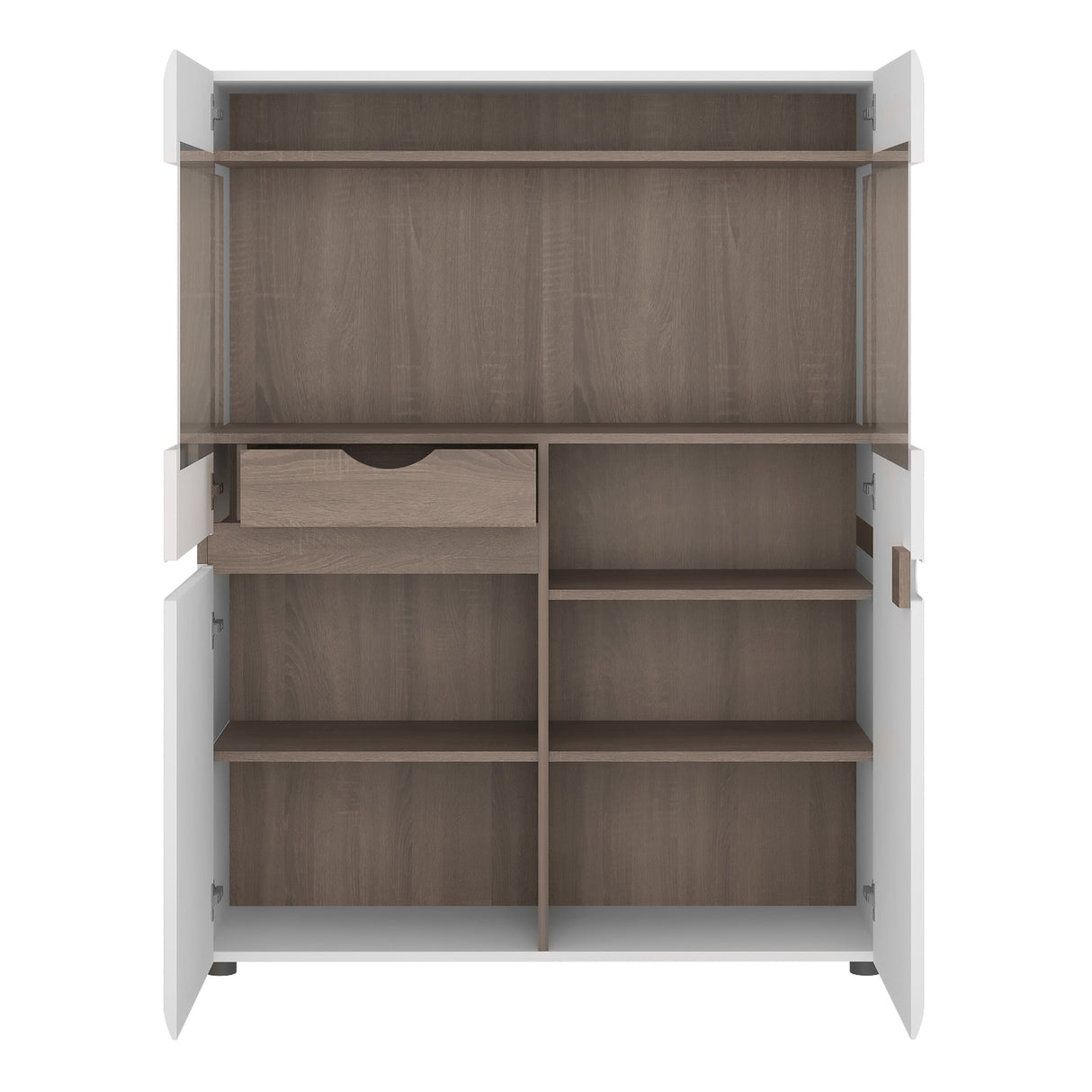 Furniture To Go Chelsea Living Low Display Cabinet 109cm Wide in White with a Truffle Oak Trim