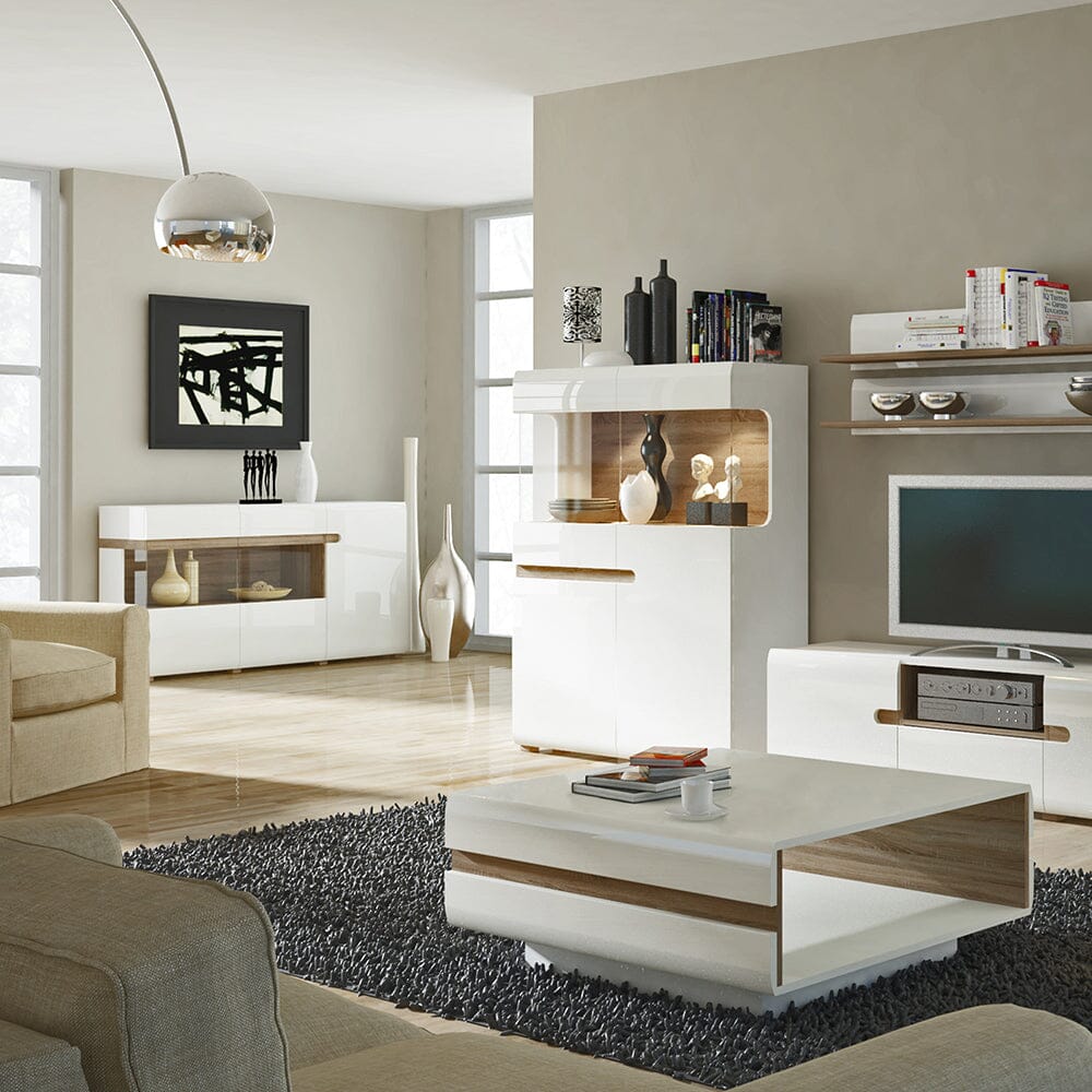 Furniture To Go Chelsea Living Low Display Cabinet 109cm Wide in White with a Truffle Oak Trim