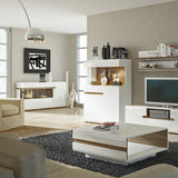 Furniture To Go Chelsea Living Low Display Cabinet 109cm Wide in White with a Truffle Oak Trim