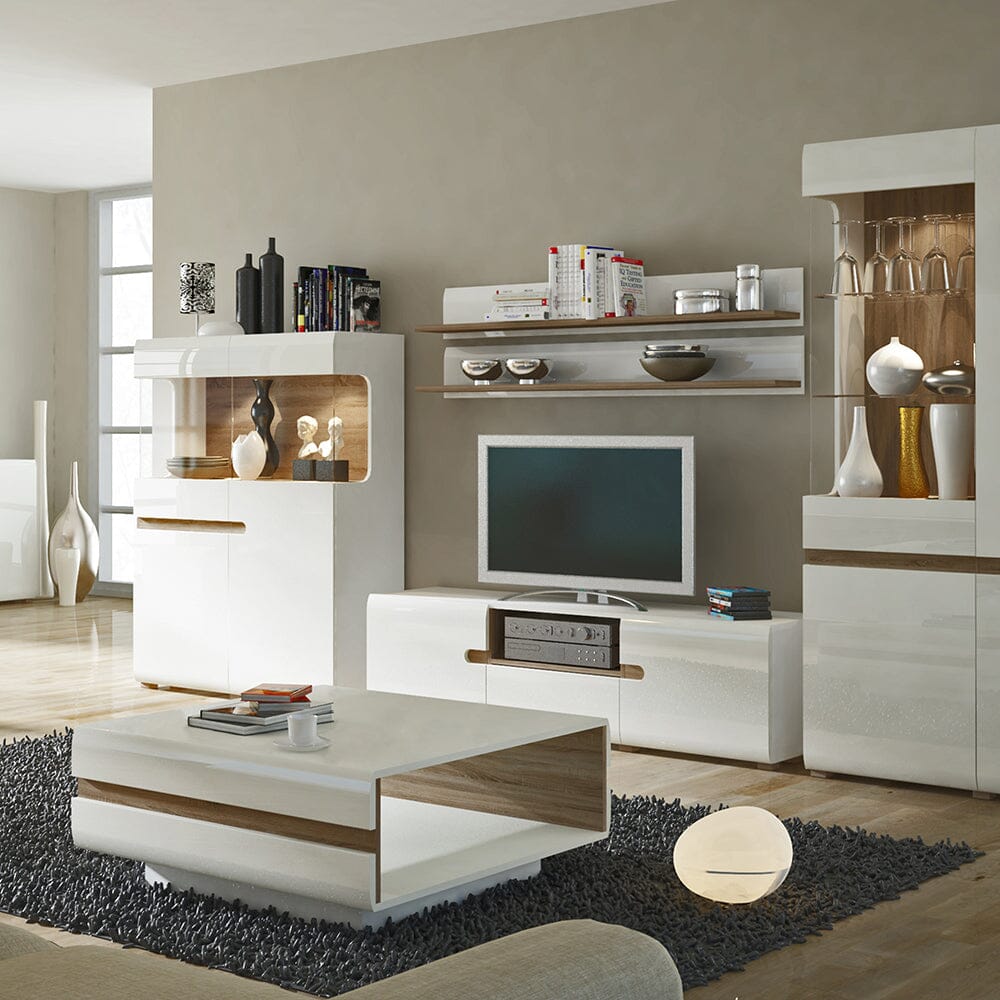 Furniture To Go Chelsea Living Wall Shelf in White with a Truffle Oak Trim