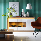 Furniture To Go Lyon 3 Door Glazed Sideboard in Riviera Oak/White High Gloss
