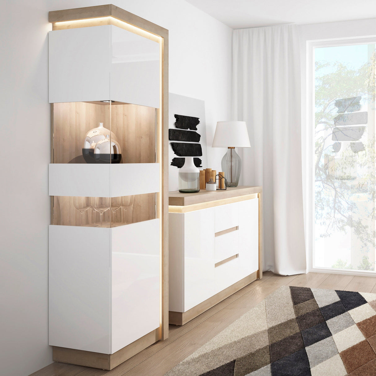 Furniture To Go Lyon Tall Narrow Display Cabinet (LHD) in Riviera Oak/White High Gloss