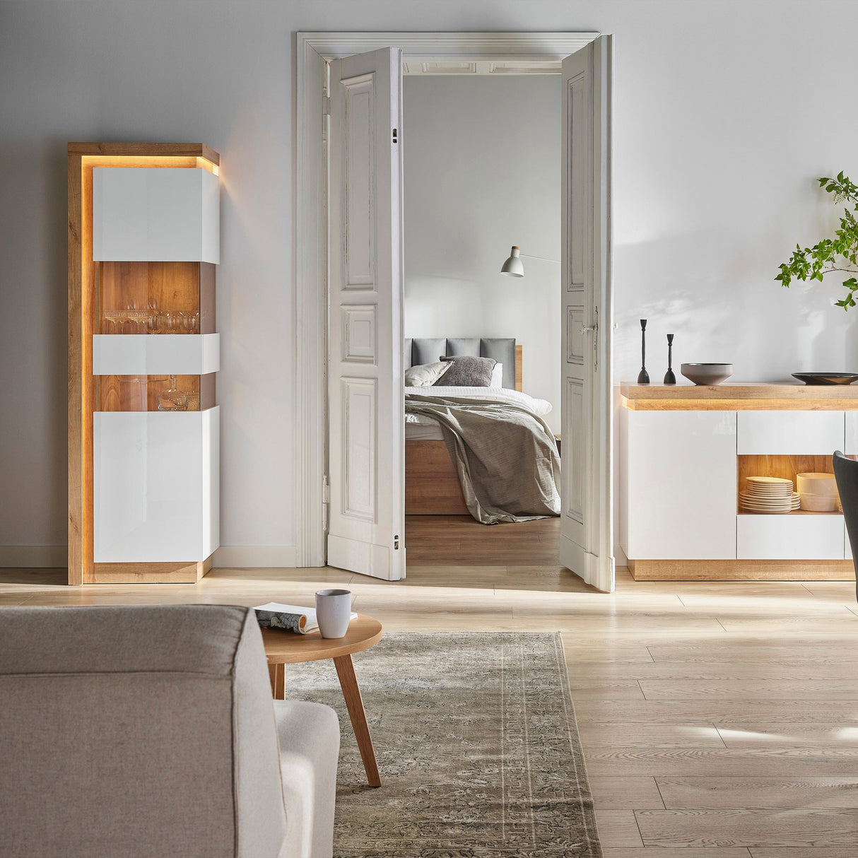 Furniture To Go Lyon Tall Narrow Display Cabinet (RHD) in Riviera Oak/White High Gloss