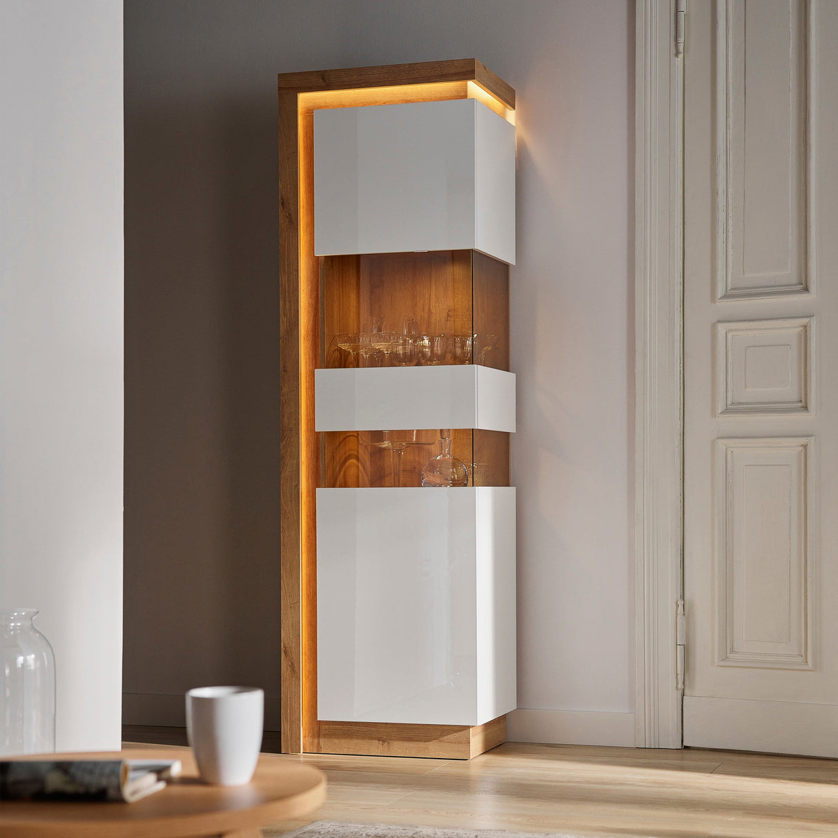 Furniture To Go Lyon Tall Narrow Display Cabinet (RHD) in Riviera Oak/White High Gloss