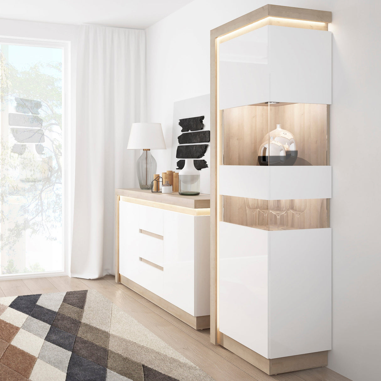 Furniture To Go Lyon Tall Narrow Display Cabinet (RHD) in Riviera Oak/White High Gloss