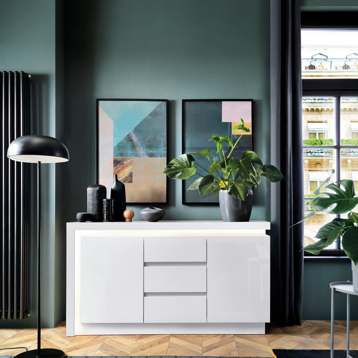 Furniture To Go Lyon 2 Door 3 Drawer Sideboard (including LED lighting) in White and High Gloss