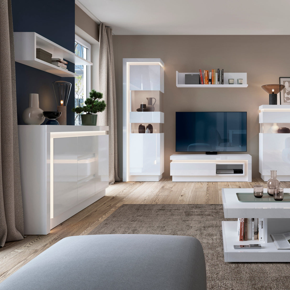 Furniture To Go Lyon 2 Door 3 Drawer Sideboard (including LED lighting) in White and High Gloss
