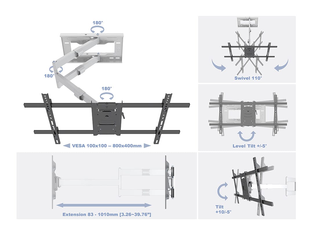 Multibrackets M Universal Long Reach TV Wall Bracket Arm 1010mm in White