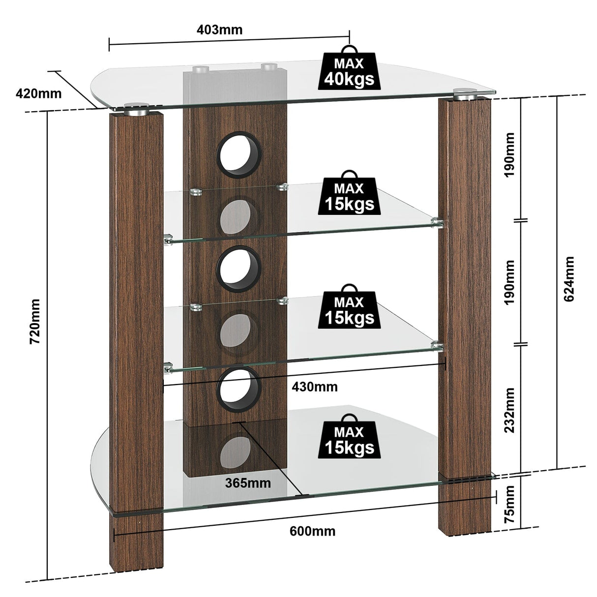 TTAP Vision 4 Shelf Hi-Fi Stand in Walnut with Clear Glass