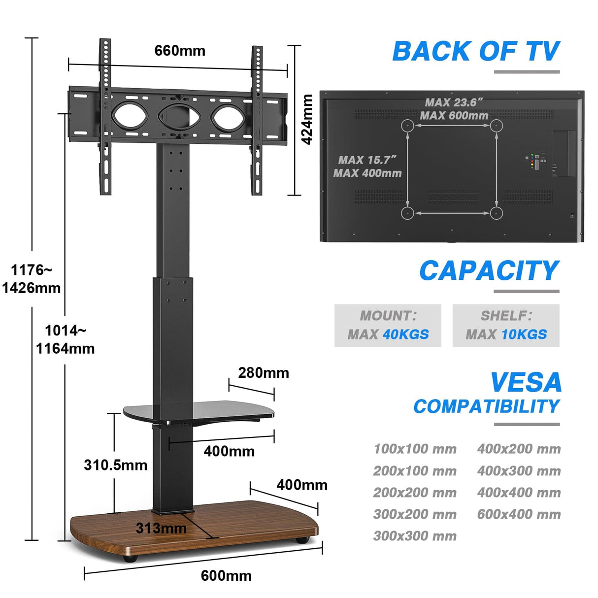TTAP FS1-WAL Walnut & Black TV Stand with Height Adjustable Swivel Bracket for up to 55" TVs