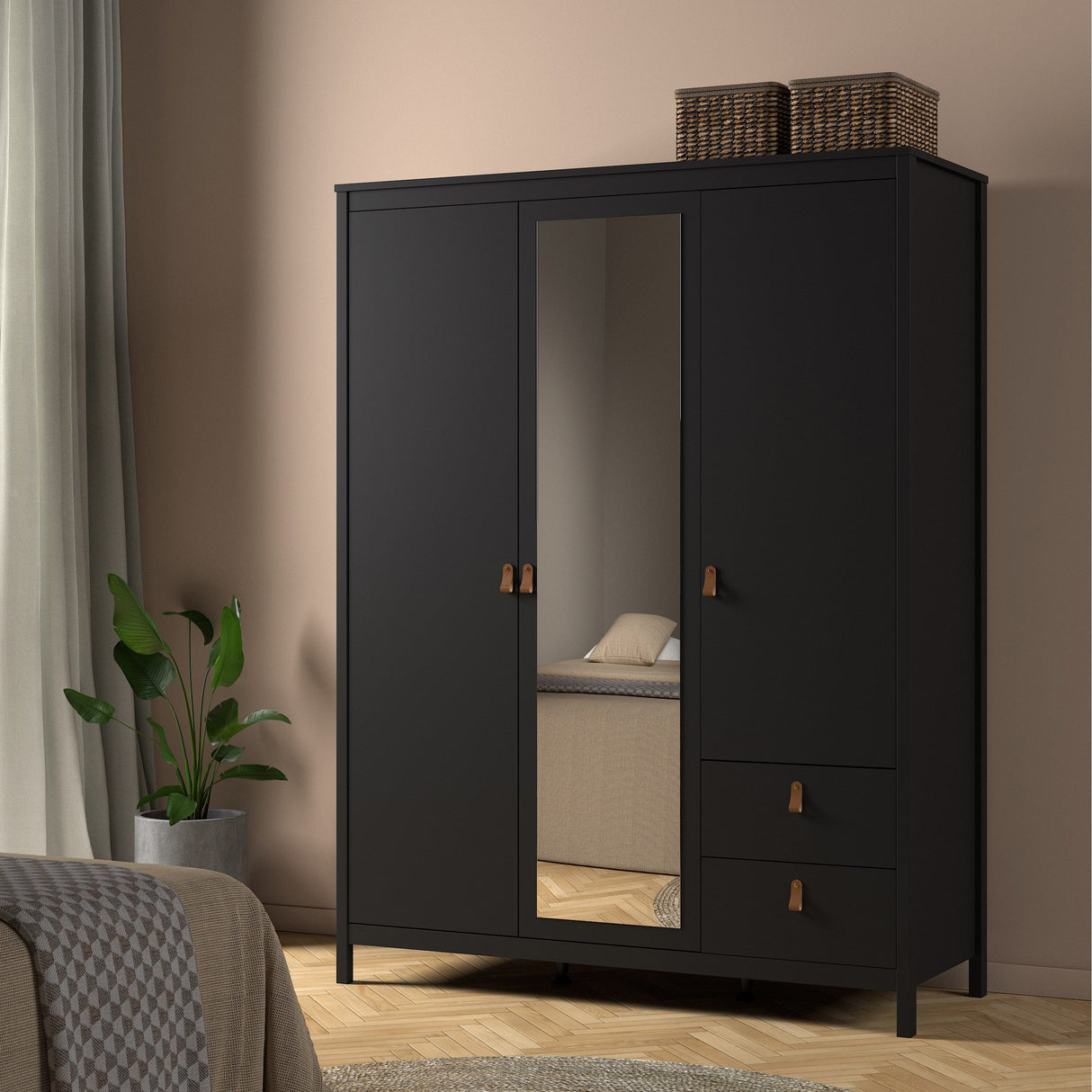 Furniture To Go Barcelona Wardrobe with 2 Doors 1 Mirror Door 2 Drawers in Matt Black