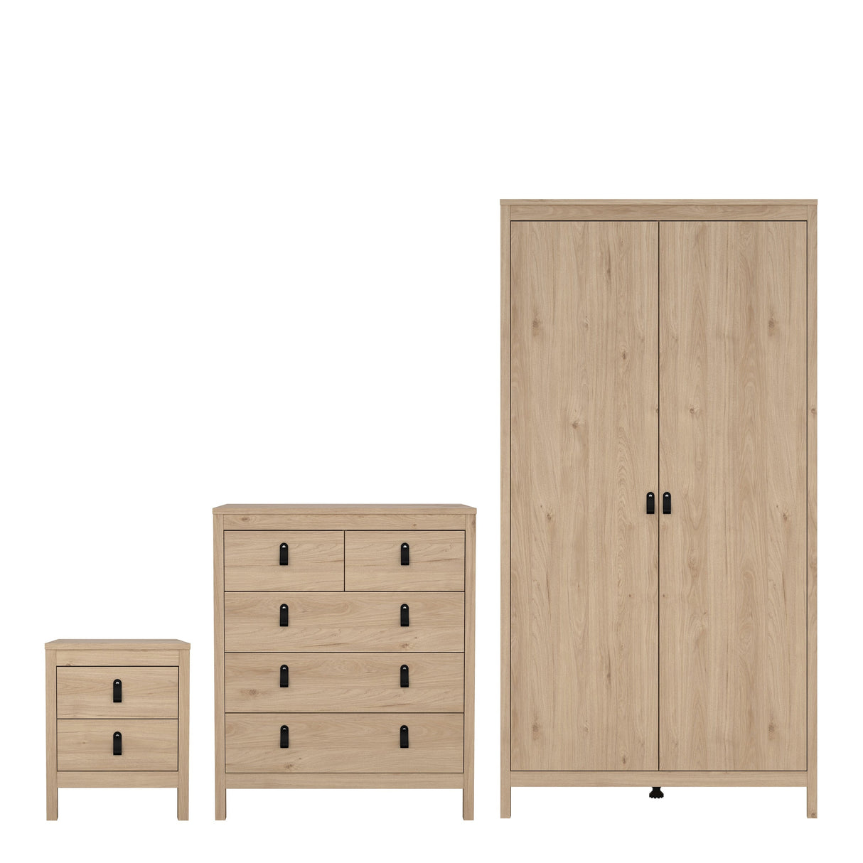 Furniture To Go Barcelona Package - Bedside Table 2 Drawers + Chest 5 Drawers + 2 Door Wardrobe in Jackson Hickory Oak