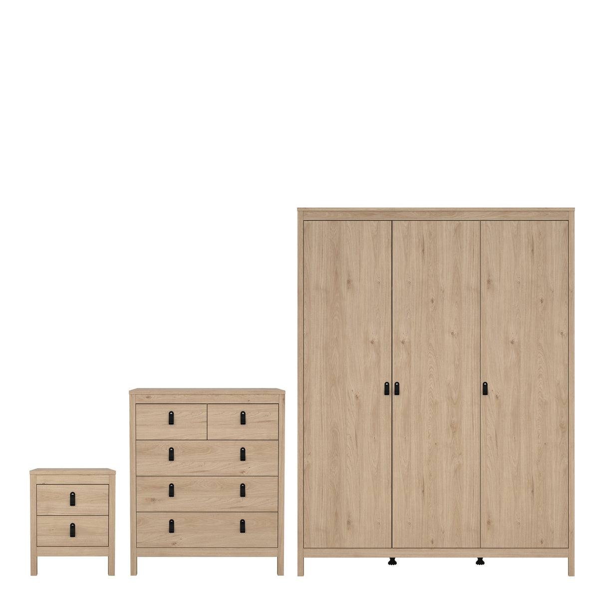 Furniture To Go Barcelona Package - Bedside Table 2 Drawers + Chest 5 Drawers + 2 Door Wardrobe in Jackson Hickory Oak