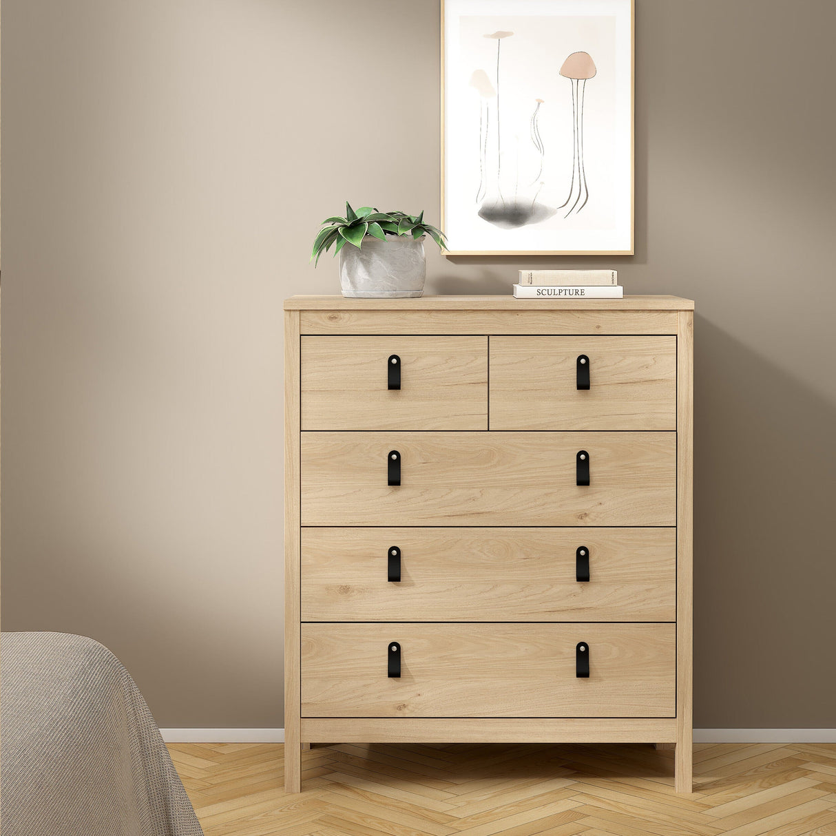 Furniture To Go Barcelona Package - Bedside Table 2 Drawers + Chest 5 Drawers + 2 Door Wardrobe in Jackson Hickory Oak