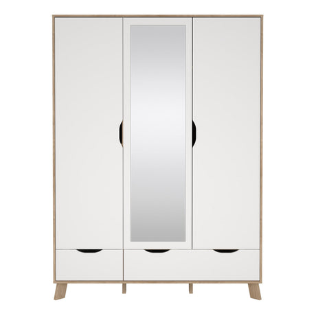 Furniture To Go Ikast Wardrobe 3 Doors and 2 Drawers with Mirror in Jackson Hickory and White