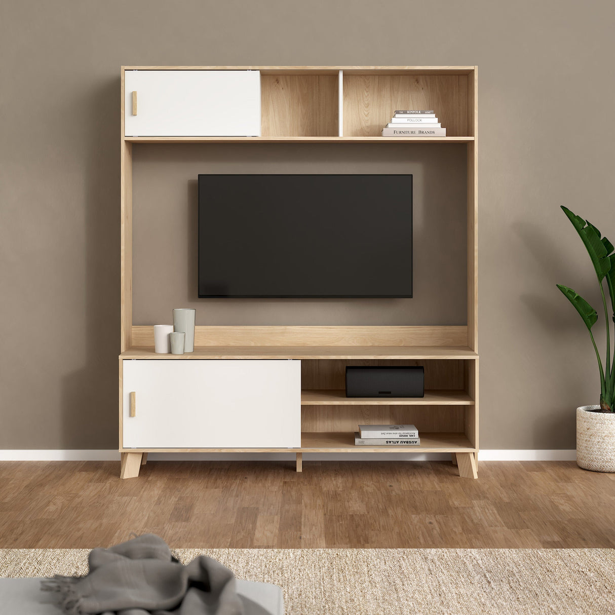 Furniture To Go Ikast TV-Wall Unit with 2 Sliding Doors in Jackson Hickory and White