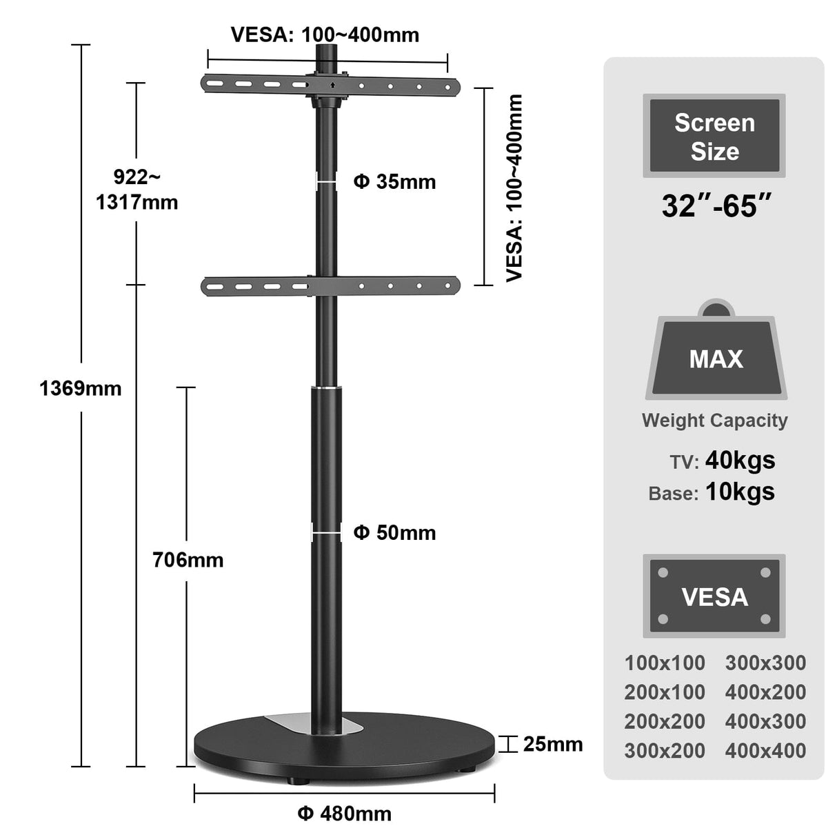 TTAP FSC-BLK TV Stand with Bracket for up to 65" TVs - Black