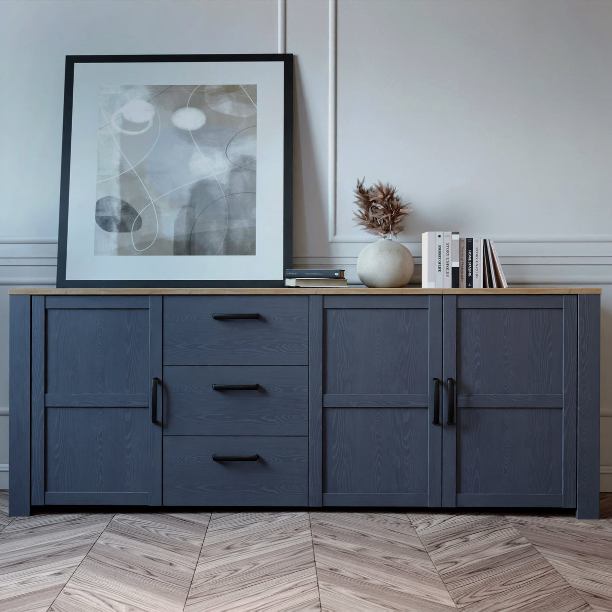 Furniture To Go Bohol Large Sideboard 3 Door 3 Drawer in Riviera Oak/Navy