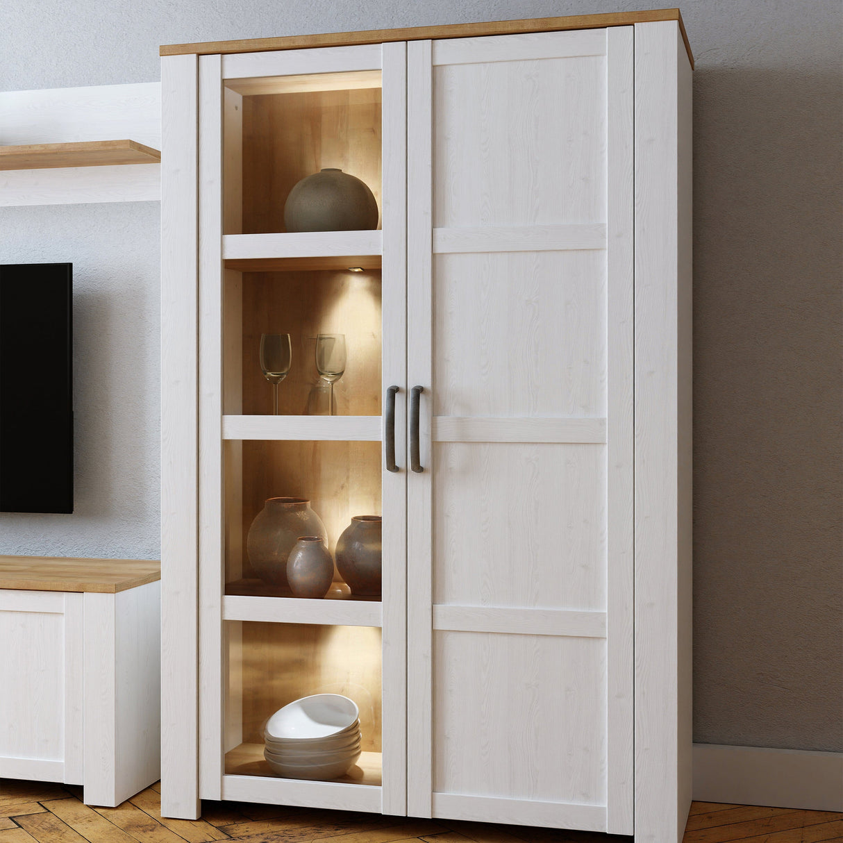 Furniture To Go Bohol Display Cabinet inc. 2x LED Lights in Riviera Oak/White
