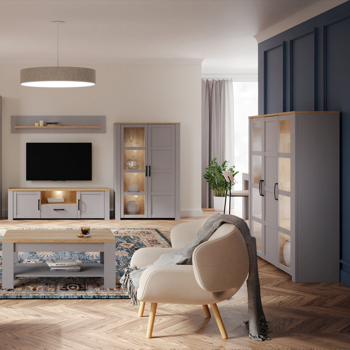 Furniture To Go Bohol Large Display Cabinet inc. 4x LED Lights in Riviera Oak/Grey Oak