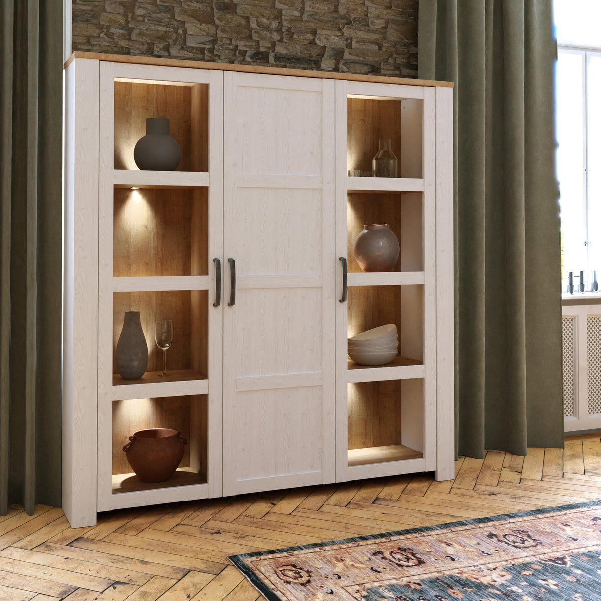 Furniture To Go Bohol Large Display Cabinet inc. 4x LED Lights in Riviera Oak/White