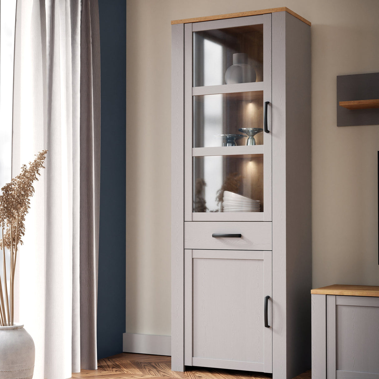 Furniture To Go Bohol Narrow Display Cabinet inc. 2x LED Lights in Riviera Oak/Grey Oak