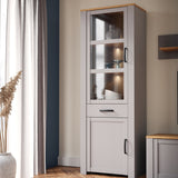 Furniture To Go Bohol Narrow Display Cabinet inc. 2x LED Lights in Riviera Oak/Grey Oak