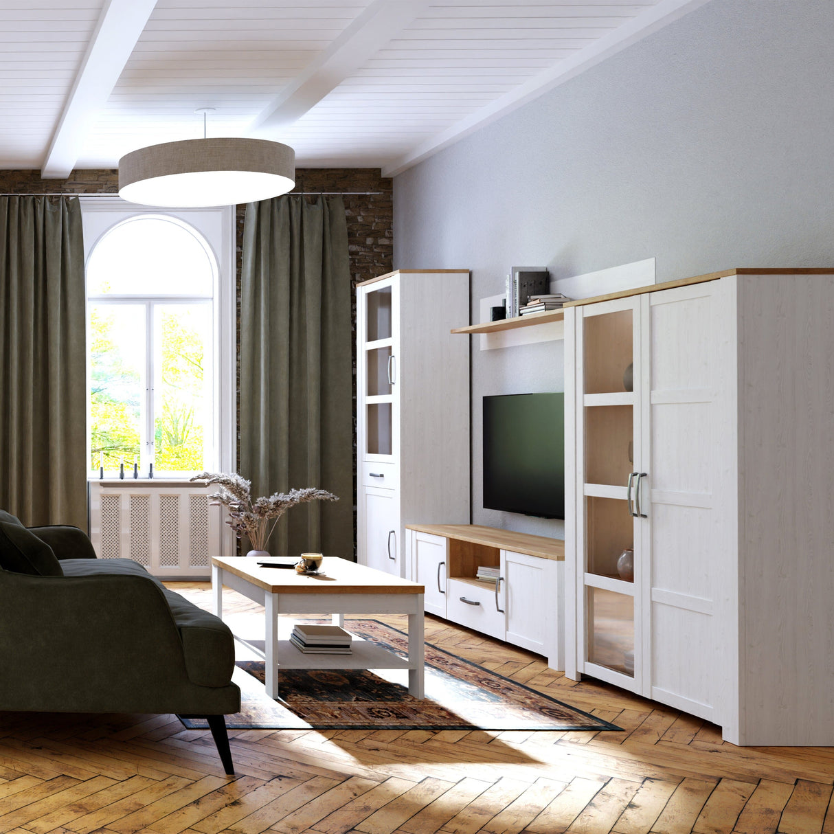 Furniture To Go Bohol Narrow Display Cabinet inc. 2x LED Lights in Riviera Oak/White