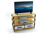 A 4-tier wooden TV stand with black metal legs, holding a flat-screen TV, a DVD player, and two audio receivers, shown on a white background.