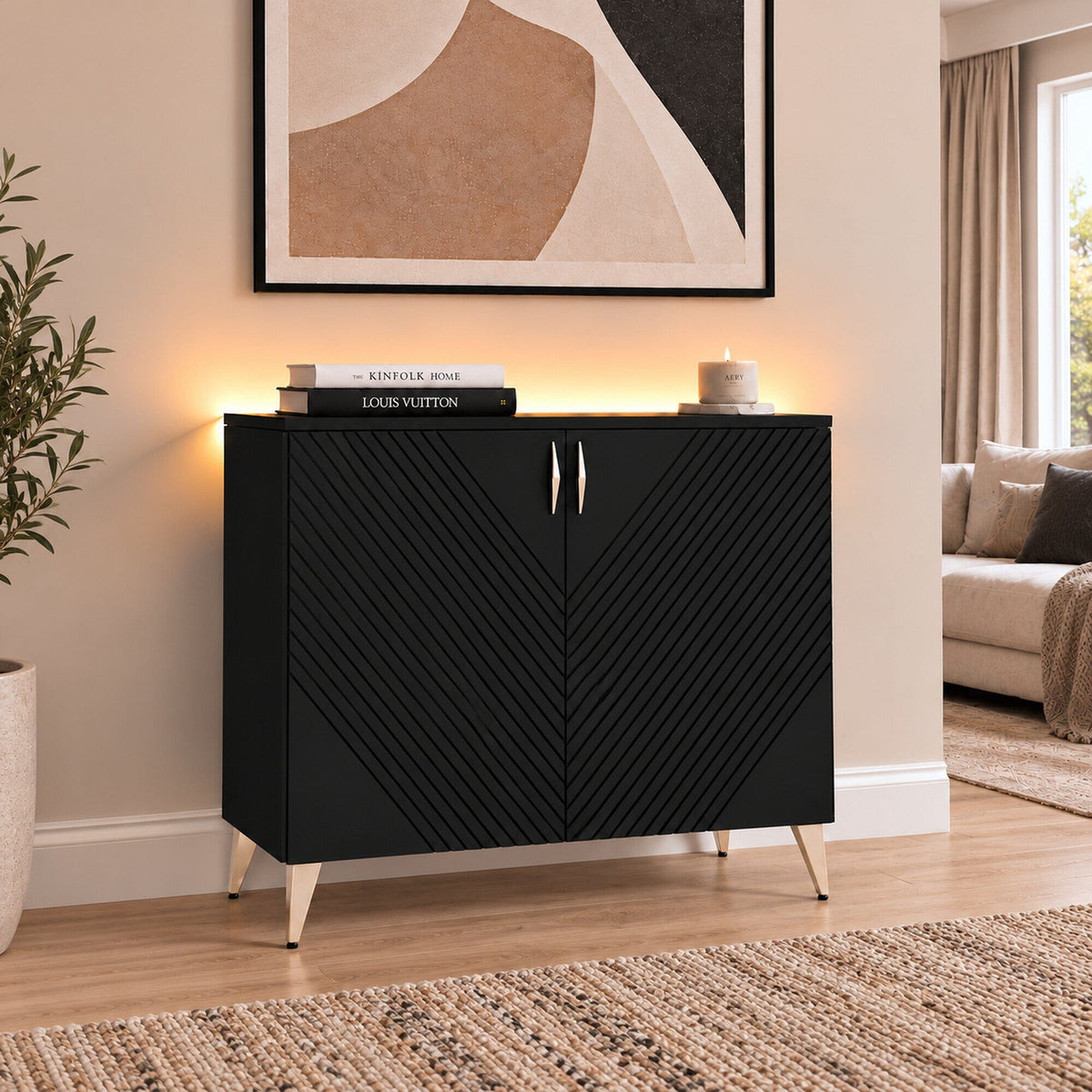 Frank Olsen AVA Black Tall Sideboard with Mood Lighting & Wireless Phone Charging