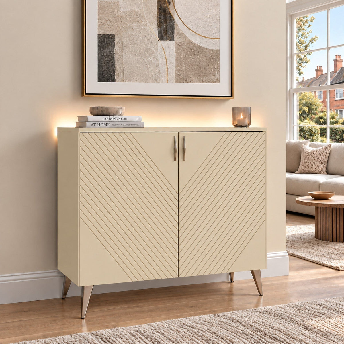 Frank Olsen AVA Natural Stone Tall Sideboard with Mood Lighting & Wireless Phone Charging