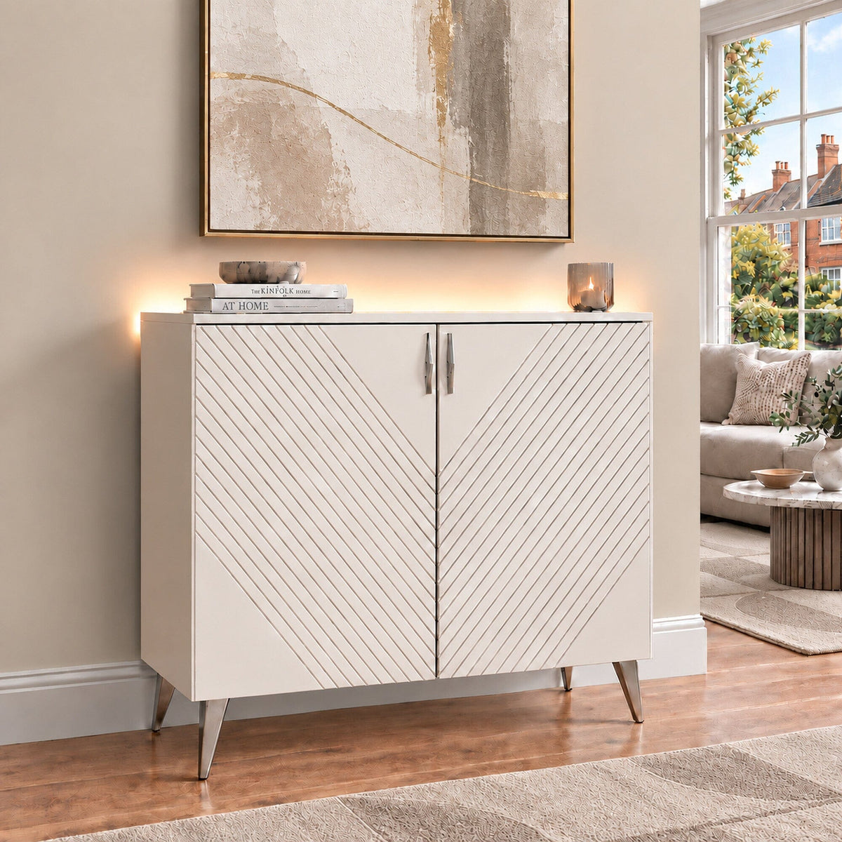 Frank Olsen AVA White Tall Sideboard with Mood Lighting & Wireless Phone Charging