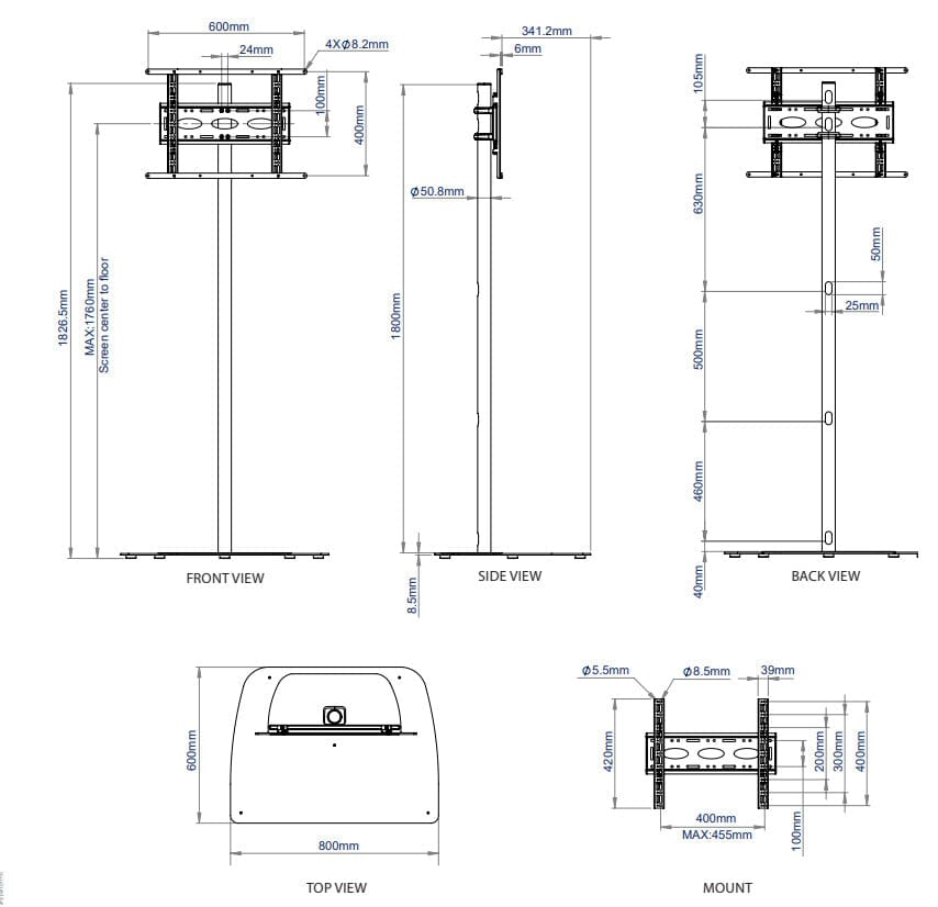 B-Tech BT8572 Tall TV Floor Stand for screens up to 55 inch