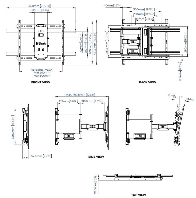 B-Tech Elements BT5229 Ultra-Slim Double-Arm TV Wall Mount – Tilt & Swivel