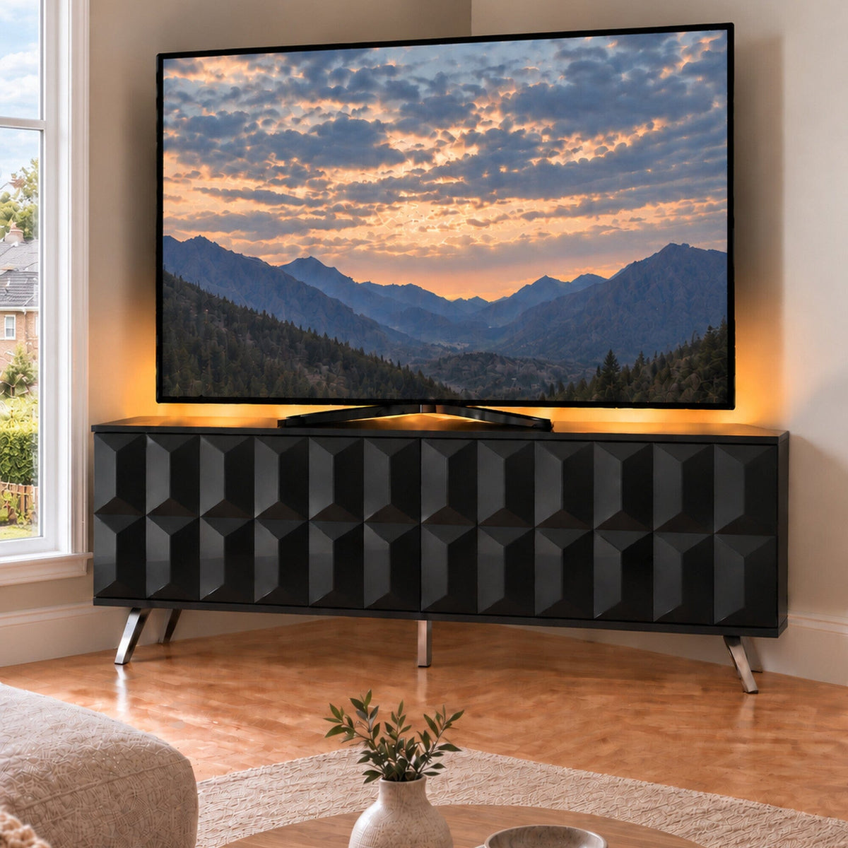 Frank Olsen Elevate Black Corner  TV Cabinet with mood lighting & Intelligent eye