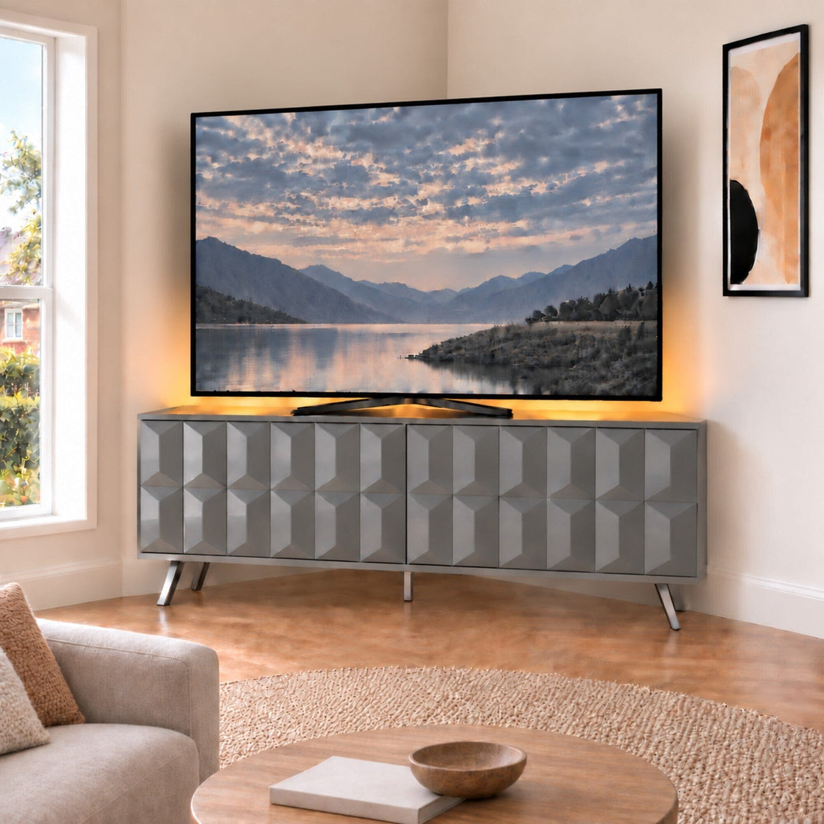 Frank Olsen Elevate Grey Corner  TV Cabinet with LED Mood Lighting