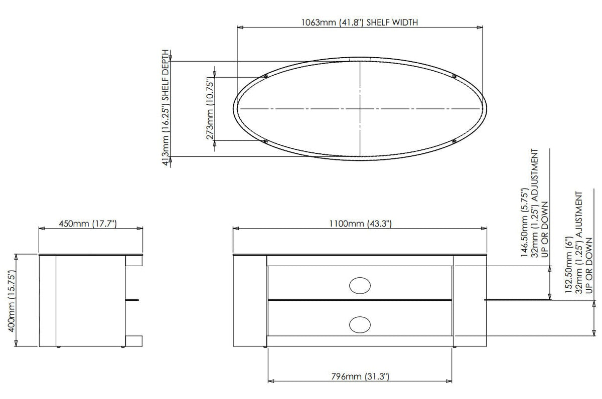 AVF Affinity Buckingham 1.1m Black Oval TV Stand, for TVs up to 55"