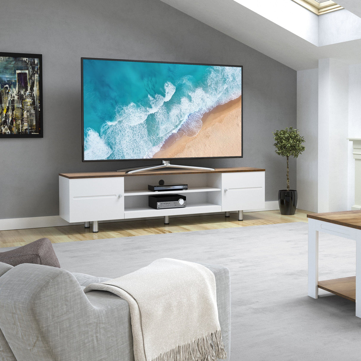 AVF Whitesands 1.9m TV Stand - Satin White & Wood