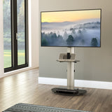 AVF Eno 60cm Pedestal TV Stand, with Shelf - Silver & Black Glass