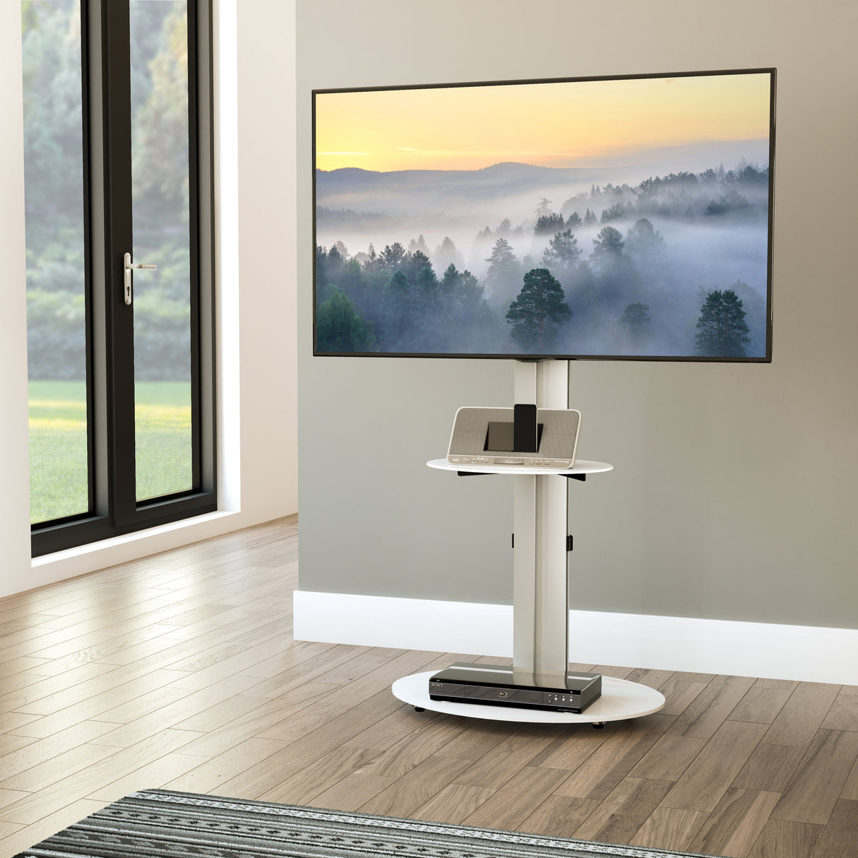 AVF Eno 60cm Pedestal TV Stand, with Shelf - Silver & White Glass