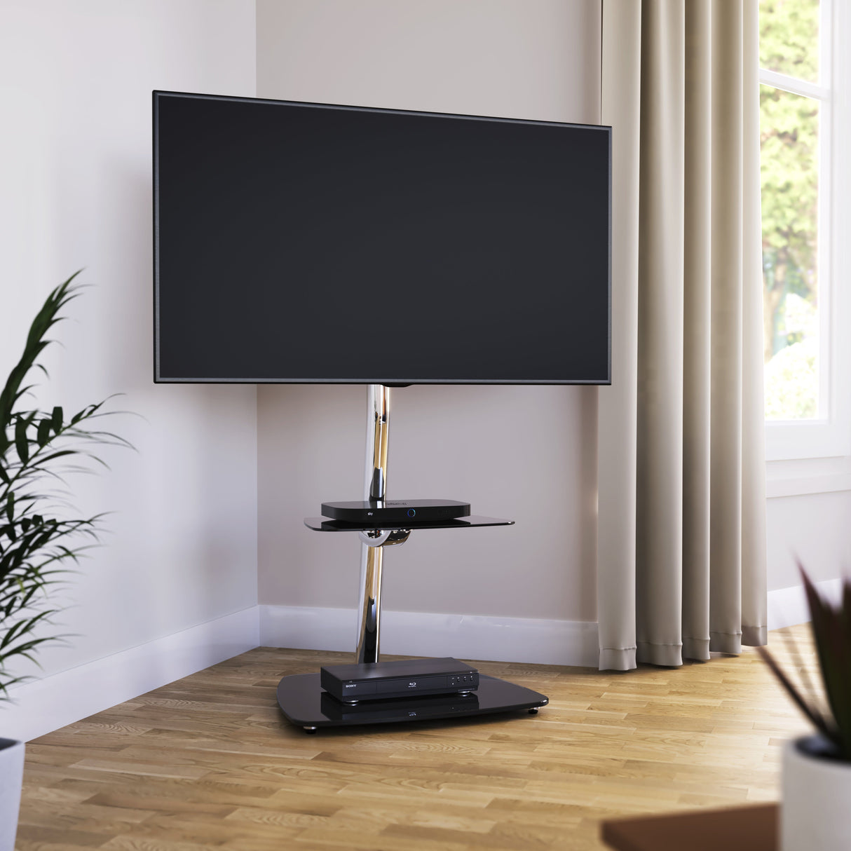 AVF Iseo 60cm Pedestal TV Stand - Chrome/Black Glass