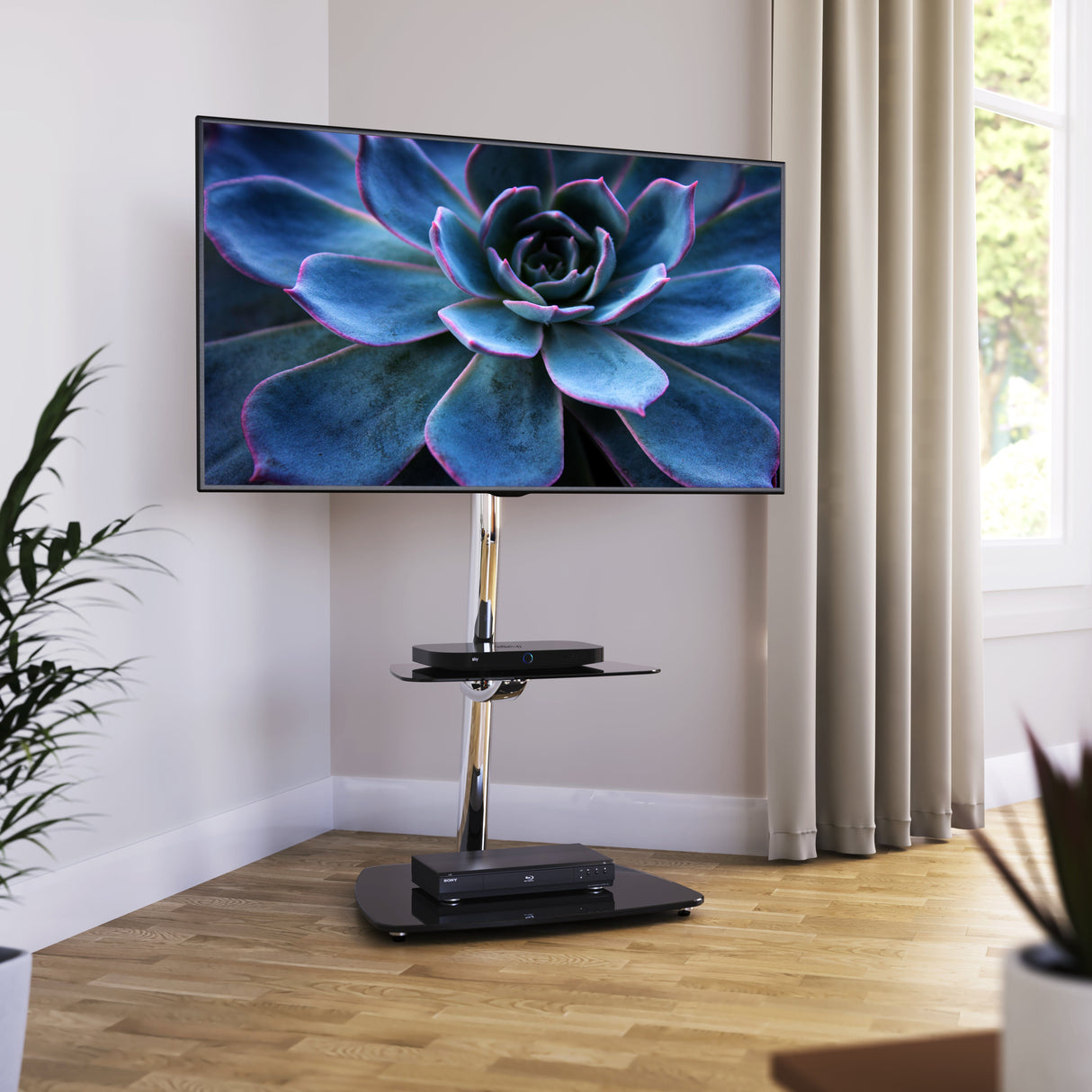 AVF Iseo 60cm Pedestal TV Stand - Chrome/Black Glass