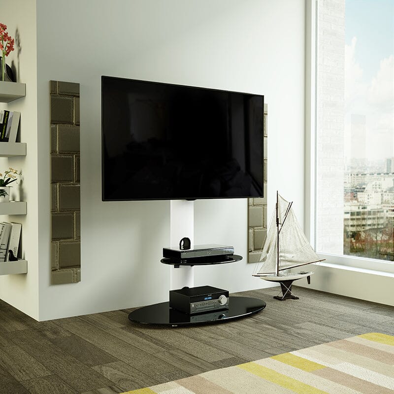 AVF Lugano 80cm Oval Pedestal TV Stand - Satin White & Black Glass