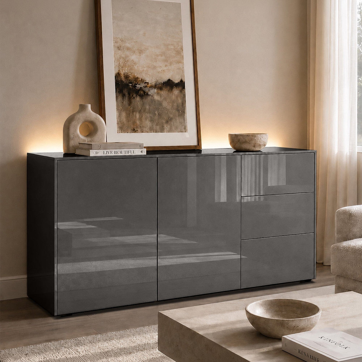 Frank Olsen Intel Range Gloss Grey Sideboard With LED Lighting
