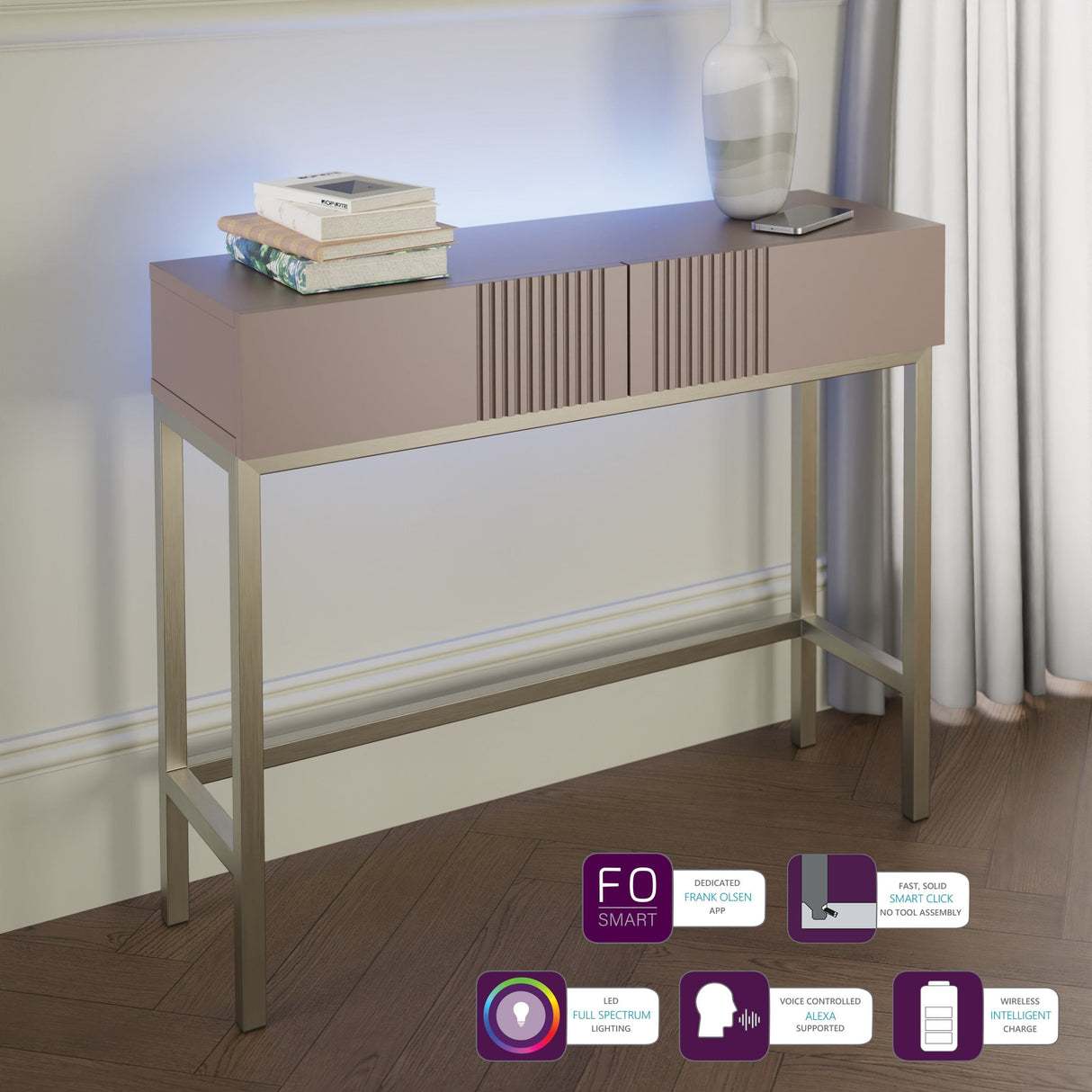 Frank Olsen Iona Mulberry Console Table with Mood Lighting & Wireless Phone Charging