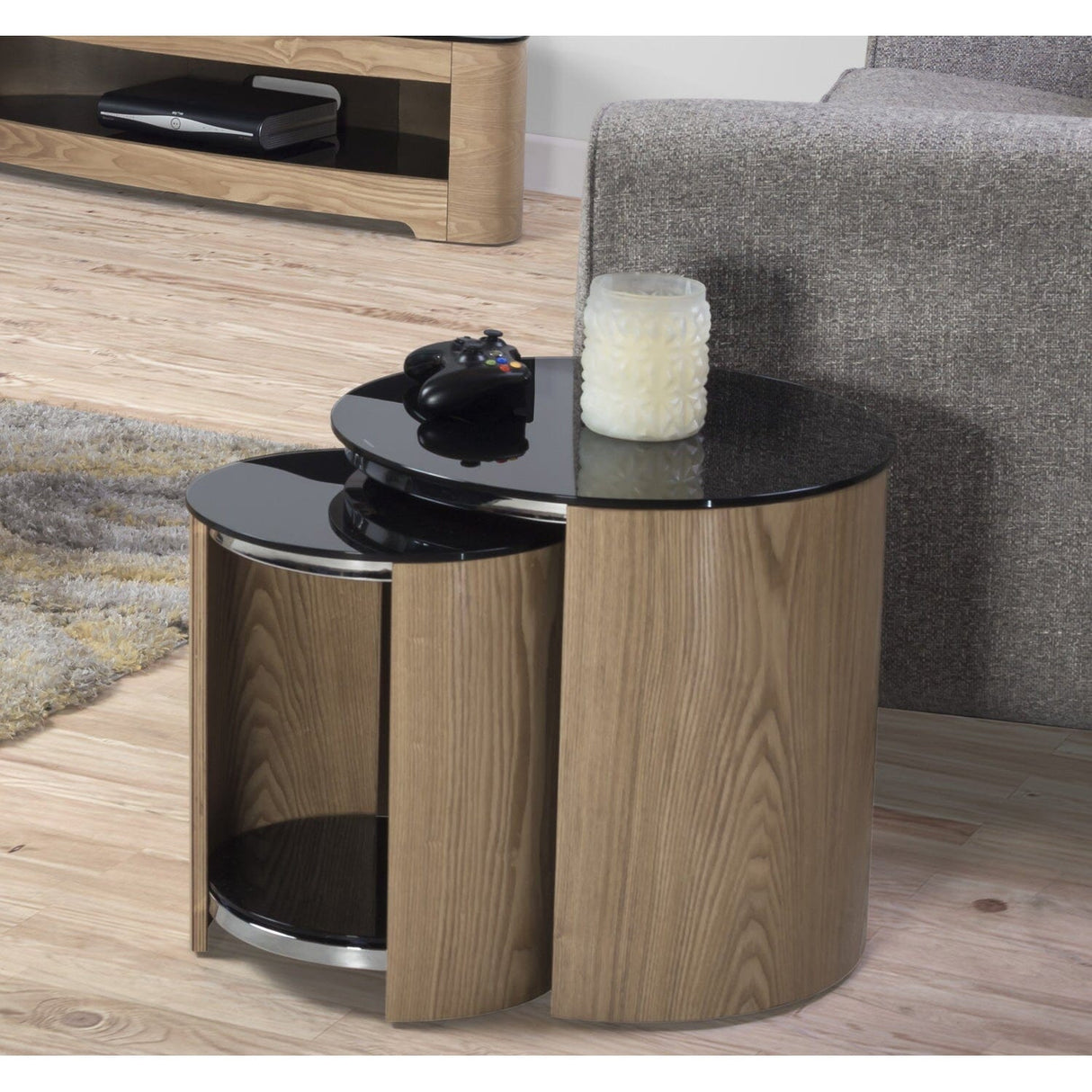 Jual San Marino Curved Oak Nest of 2 x Glass-top Tables (JF305 OB)
