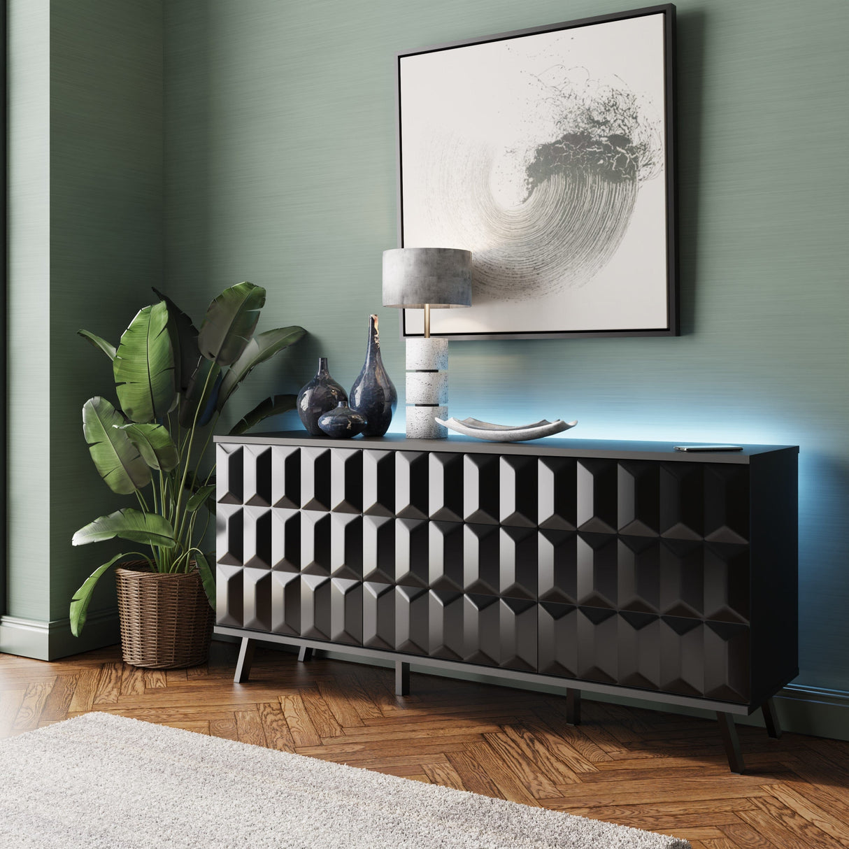 Frank Olsen Elevate Black Sideboard with Mood Lighting & Wireless Phone Charging